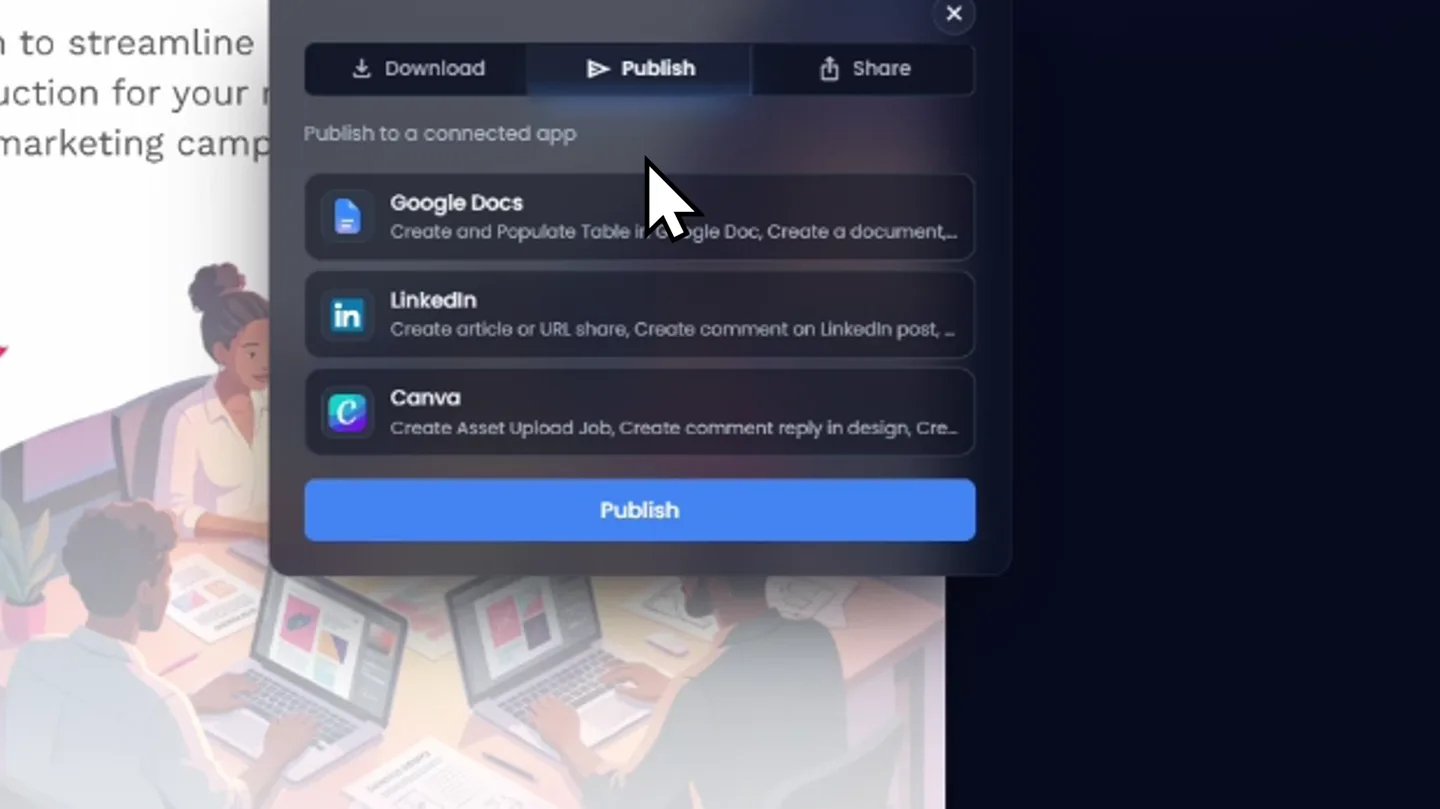 Preview of the coming-soon Publish panel, sending an asset to a connected app such as Google Docs, LinkedIn or Canva